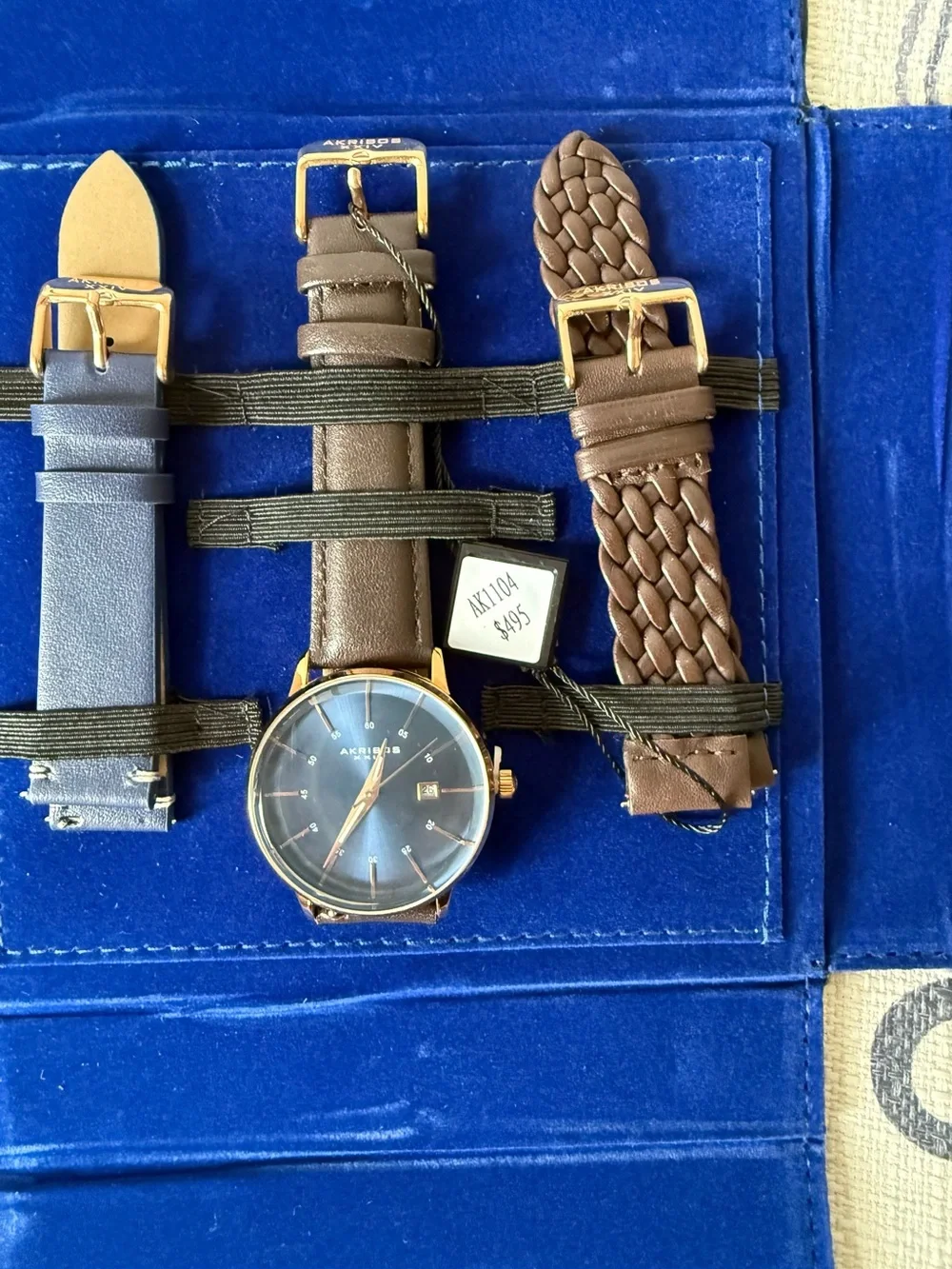 Akribos XXIV AK1104 Men’s Watch Blue Dial Rose Gold Tone 3 Leather Straps New